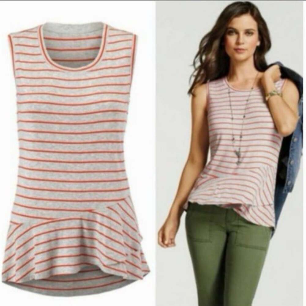 Cabi Tangerine Orange Gray Striped Tank Top Ruffle Sz Large 5331